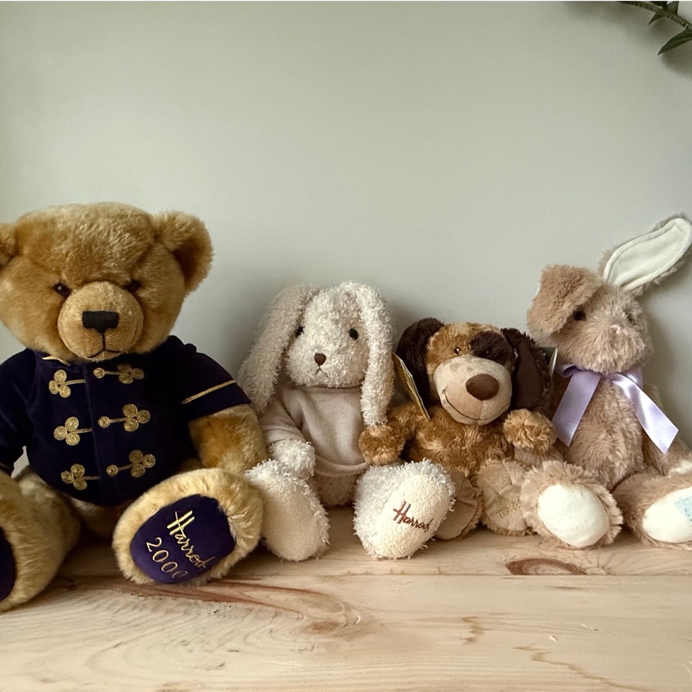 Vtg Harrods London Plush Lot Millennium Bear, Easter Bunny,Ron Dog,Fluff bunNWT